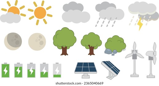 This is a set of basic clean energy icons, including basic weather, such as cloudy, rainy, thunderstorm, sun, moon and trees, and finally solar power, wind power and batteries