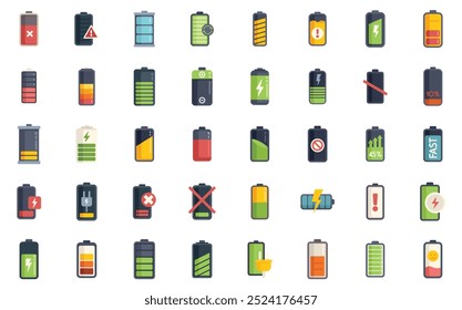 This set of battery charging icons is perfect for illustrating different battery levels, charging statuses, and power related concepts