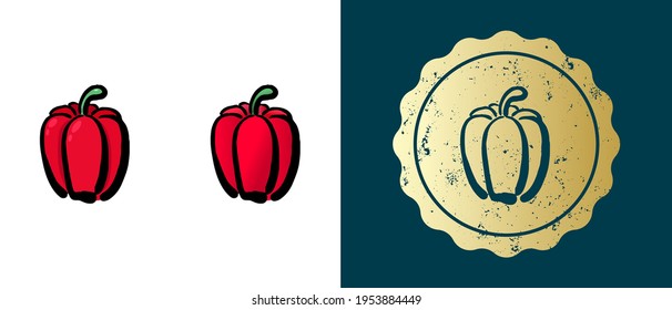This is a set of bell pepper retro, contour, gradient icons. This is a gold sticker, sweet pepper label. Stylish solution for packaging and website design. Round grunge gold stamp. 