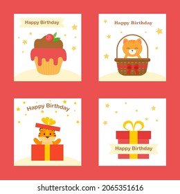 This is a set of birthday cards with cute animals, a cupcake, and a gift box.