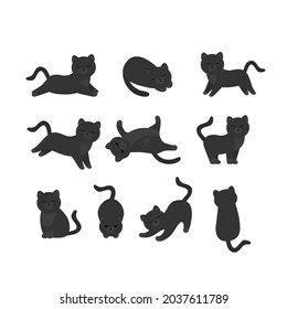 This is a set of black cats in different poses isolated on a white background.