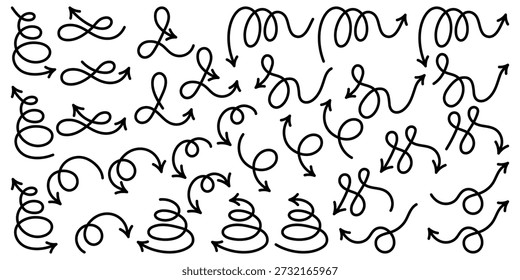Este conjunto de flechas negras dibujadas a mano incluye Formas curvas, onduladas, espirales, entrelazadas y en bucle: flechas de una y dos caras, ejecutadas en un estilo incompleto y escrito a mano con líneas negras sobre un fondo blanco. Este lenguaje visual añade una sensación animada e informal a los proyectos y es ideal para la navegación, infografías, interfaces, presentaciones, carteles, materiales de capacitación y diseño editorial, ayudando a dirigir la atención, enfatizar el enfoque y hacer que la información sea más comprensible y visualmente atractiva tanto en proyectos de Web como de impresión.