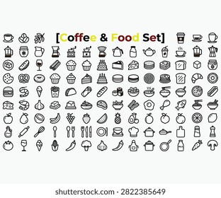 This is a set of black line art icons depicting various coffee, food, and utensil items on a white background. The icons are simple and isolated.