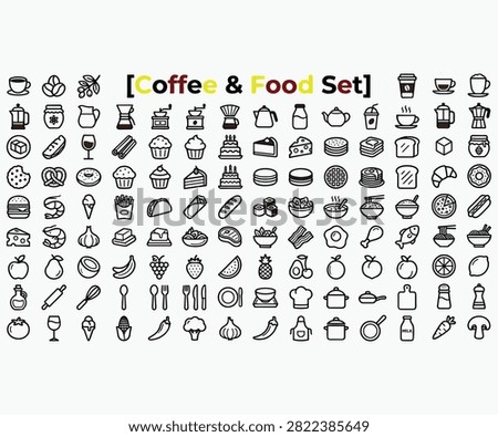 This is a set of black line art icons depicting various coffee, food, and utensil items on a white background. The icons are simple and isolated.
