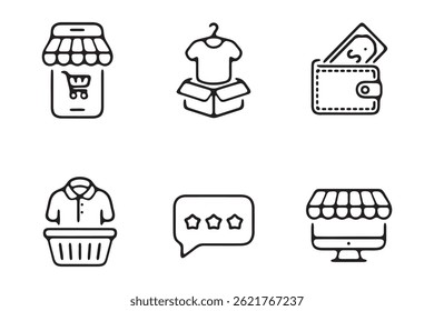 This set of black line icons depicts various aspects of online shopping, including mobile shopping, product delivery, payment, customer reviews, and store fronts.