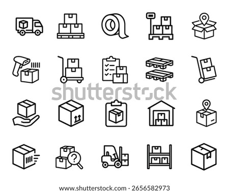 This set of black line icons depicts various aspects of warehousing and shipping, including transportation, inventory management, and storage