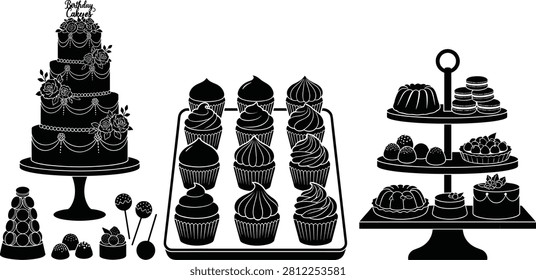 This set of black silhouettes includes an elegant tiered cake, a tray of decorated cupcakes, and a variety of pastries on a display stand. It is ideal for bakery menus, catering brochures, wedding planning, and sweet-themed event invitations.
