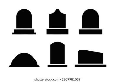 This set of black vector icons features various styles of cemetery tombstones and grave markers designed for Halloween or funeral themed projects. Each silhouette is clearly defined and isolated on a white background for easy editing and creative design use.