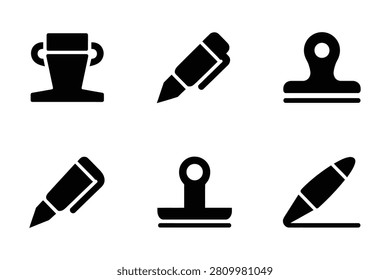 This set of black vector icons features various styles of fountain pens and office binder clips arranged in a tidy grid format perfect for digital design projects related to stationery and document management tasks for office or school environments