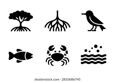 This set of black vector icons features essential elements of coastal ecology including a mangrove tree with complex roots a swamp bird a swimming fish a small crab and rippling water waves perfect for marine biology and environmental design projects