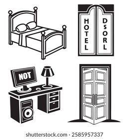 This set of black and white icons depicts essential hotel room elements.