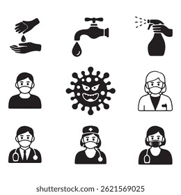 This set of black and white icons depicts various elements related to COVID-19 prevention and healthcare.