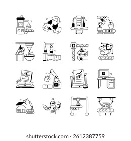 This set of black and white line icons depicts various aspects of modern manufacturing and technology
