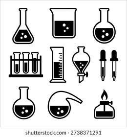 This set of black and white silhouette icons displays various pieces of laboratory equipment including beakers, test tubes, and flasks. The clean flat design makes these graphics suitable for school textbooks, scientific journals, and medical presentations. Each icon represents a different tool used in chemical experiments and biological research.