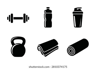 This set of black and white vector icons showcases essential fitness gear including a dumbbell water bottle protein shaker kettlebell gym towel and a rolled yoga mat perfect for gym branding projects and healthy living content creation online