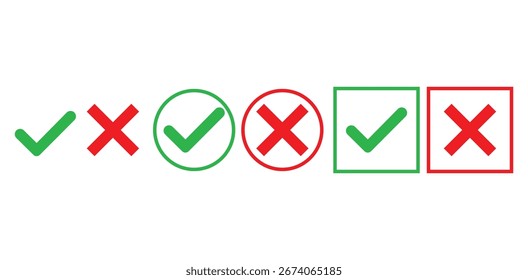 Este conjunto de íconos de marca de verificación y cruz presenta una mezcla de símbolos verdes y rojos sobre un fondo mínimo con Formas de degradado de colores y líneas suaves, ofreciendo un diseño dinámico y moderno. El arte