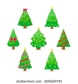 This is a set of Christmas trees with decorations isolated on a white background.