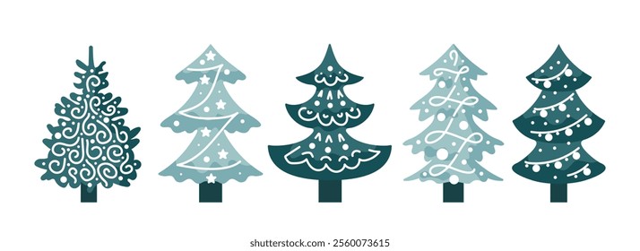 This set of Christmas trees showcases a minimalist design in a flat vector style. Each tree features simple lines and shapes, capturing the essence of the holiday spirit with elegant simplicity.