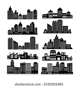 This is a set of city skylines showing modern buildings in black, useful for representing concepts like urban life, business districts, and real estate