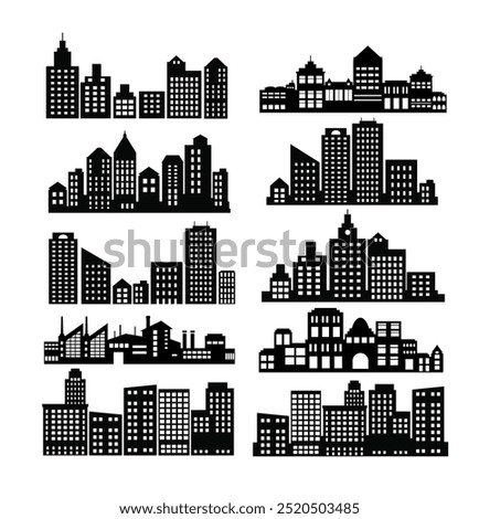 This is a set of city skylines showing modern buildings in black, useful for representing concepts like urban life, business districts, and real estate