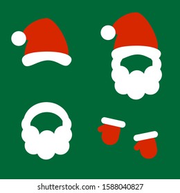 This is set Santa’s Claus clothes, attribute of costume on green background. Vector hat, gloves, beard.