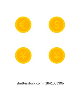 This is a set of coin icons in a flat style isolated on white background. Gold coins Dollar, Euro, Yen, and Yuan.