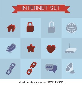 This is set of colorblock volume isometric icons of internet topic. All you need for your work is here. Include hyperlink, likes, bird, home, lock