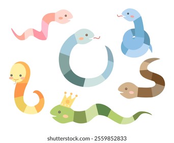 This is a set of colorful and cute snake character illustrations that can be used for Japanese New Year's cards for the Year of the Snake.