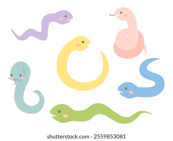 This is a set of colorful and cute snake character illustrations that can be used for Japanese New Year's cards for the Year of the Snake.