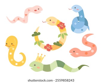 This is a set of colorful and cute snake character illustrations that can be used for Japanese New Year's cards for the Year of the Snake.