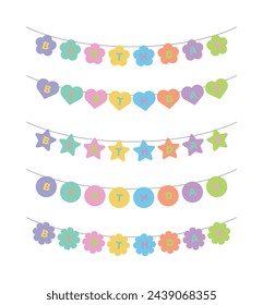 This is a set of colorful and variously shaped garland decoration illustrations. Garland is shaped like hearts, stars, flowers and circles with typography text 'Happy Birthday'.