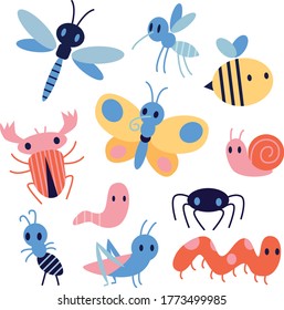 This set consists of colorful cartoon style insects