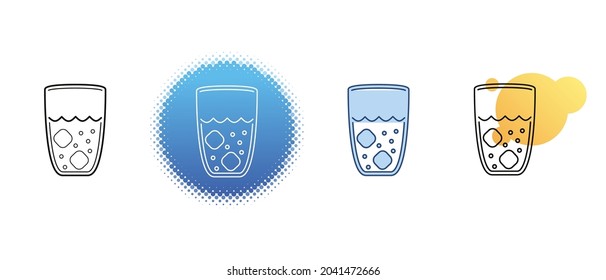 This is a set of contour and color icons of a glass of carbonated drink with ice cubes