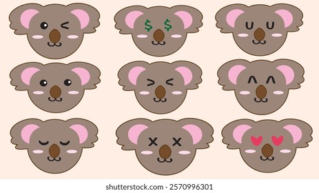 This set of cute koala face expressions features a collection of adorable illustrations showcasing various emotions and moods.