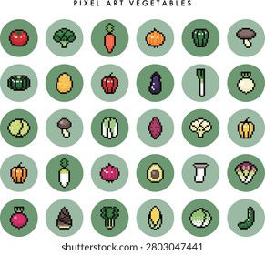 This is a set of cute pixel art icons of many vegetables, such as tomatoes and broccoli.