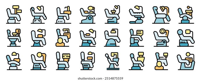 This set of dentist chair icons shows patients lying down for treatment in a variety of different positions