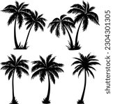 This set of detailed palm and coconut tree silhouette illustrations in black is perfect for adding a touch of tropical paradise to your design projects. 