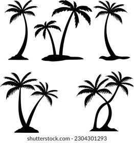 Este conjunto de ilustraciones detalladas de silueta de palmeras y cocoteros en negro es perfecto para añadir un toque de paraíso tropical a sus proyectos de diseño. 