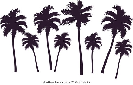 This set of detailed palm and coconut tree silhouette illustrations in black is perfect for adding a touch of tropical paradise to your design projects.