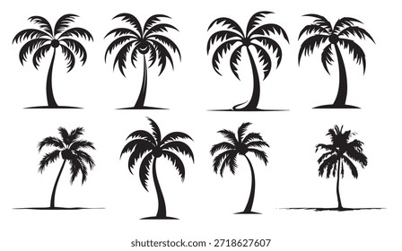 this set of detailed palm and coconut tree silhouette