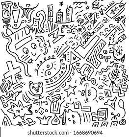 
This is a set of doodles and faces on a square sheet.