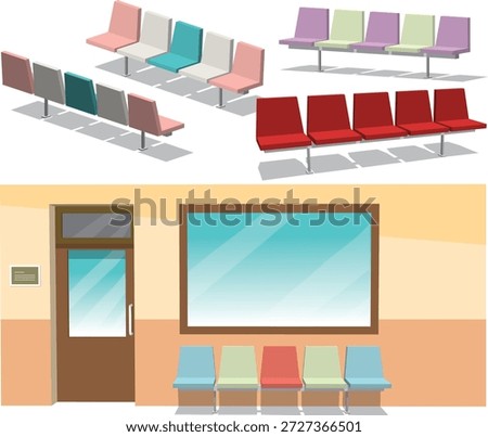 This set of drawings showcases a variety of waiting room chair arrangements and a stylized waiting area interior. 