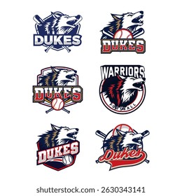  This set of dynamic sports logos features a fierce wolf as the central icon, symbolizing power, loyalty, and aggression. 