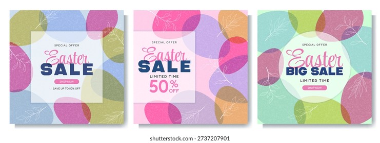 This set of Easter sale banners featuring colorful eggs and a distinctive grainy texture is designed to attract attention in seasonal marketing campaigns and is perfect for use in online stores, social media, email newsletters, landing pages, and offline print, helping to highlight the festive spirit, enhance brand visual identity, and increase the effectiveness of Easter promotions.