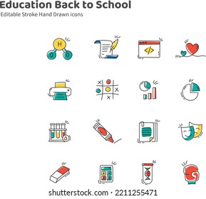 This is a set of Editable stroke hand-drawn icons. An illustrated theme of school, college, university, or science.	
