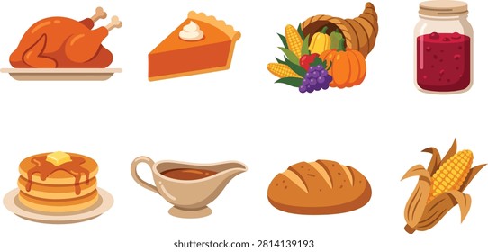 This set of eight flat illustrations showcases the classic dishes served at a Thanksgiving dinner table. A golden roasted turkey and a slice of pumpkin pie topped with whipped cream anchor the spread, while an overflowing cornucopia and a jar of cranberry sauce add traditional charm. A stack of buttered pancakes, a gravy boat, a freshly baked bread loaf, and husked corn on the cob round out the collection, capturing the warmth of a shared holiday meal. Well suited for restaurant menus, recipe blogs, food packaging, greeting cards, and seasonal event promotions.