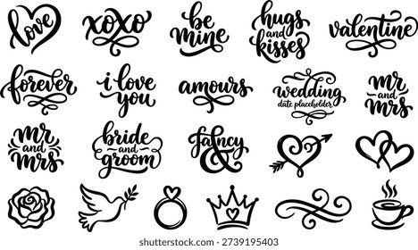 This set of elegant black and white line art illustrations and typography features a variety of romantic designs perfect for Valentine's Day, wedding projects, and love-themed creative endeavors. The collection includes hearts, flowers, birds, and charming phrases, all meticulously crafted to add a touch of sophistication and whimsy to your designs. Ideal for use in digital and print projects, such as greeting cards, invitations, and social media graphics.
