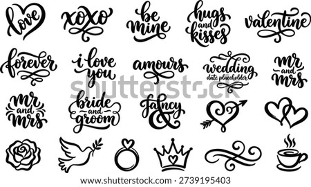 This set of elegant black and white line art illustrations and typography features a variety of romantic designs perfect for Valentine's Day, wedding projects, and love-themed creative endeavors. The collection includes hearts, flowers, birds, and charming phrases, all meticulously crafted to add a touch of sophistication and whimsy to your designs. Ideal for use in digital and print projects, such as greeting cards, invitations, and social media graphics.