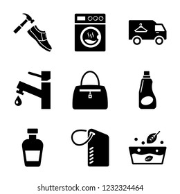 This set encompasses dry cleaning glyph icons pack. Here we have icons related to detergent, folded fabric, ironing stand, dry cleaning, handbag, shoe, socks, pant, couch and many more related icn. Ju