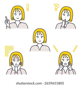 This is a set of facial expression illustrations of a young woman. vector.